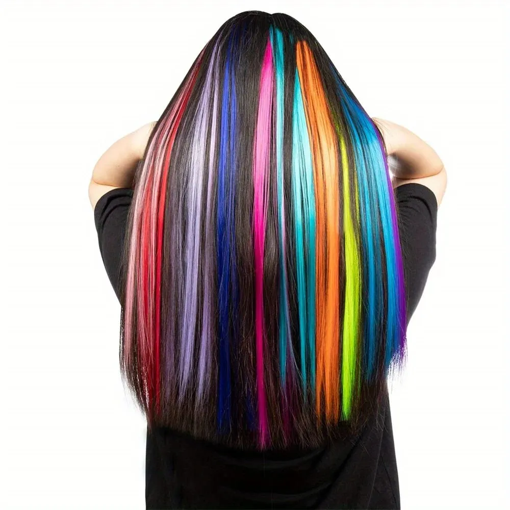 12pcs/pack Rainbow Colored 22 Inch Clip-in Hair Extensions Long Straight Synthetic Hairpieces for Women Girls Party Highlights