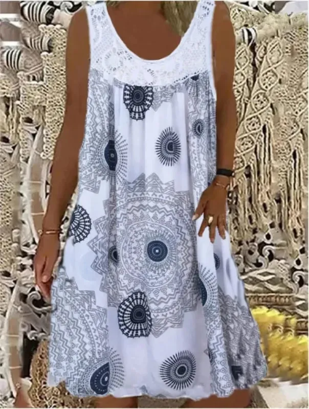 Women's S-5XL size Digital printed off shoulder sexy camisole loose fitting dress lace casual dress summer dress