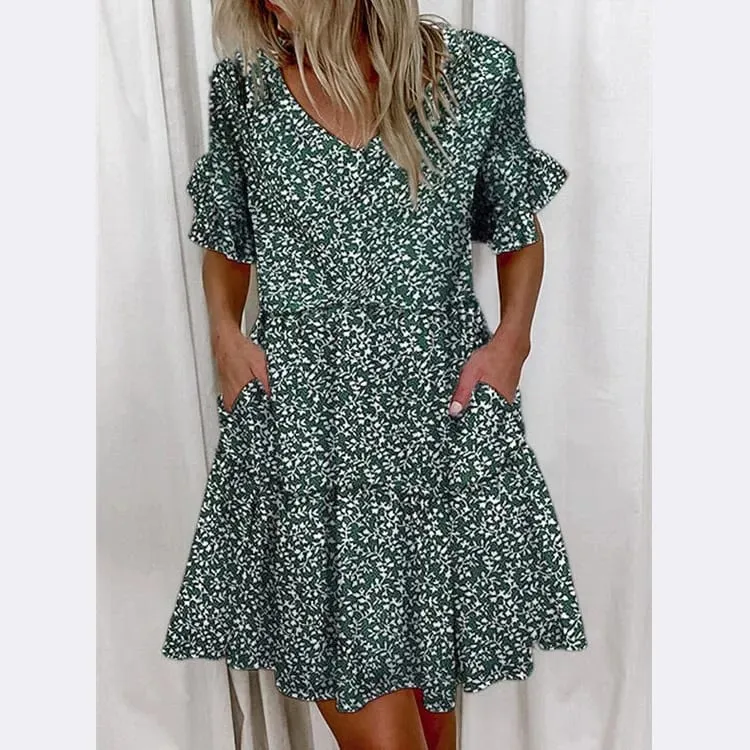 Frauen Sommer Kleid Casual V-ausschnitt Kurzarm Schmetterling Sleeve Floral Blatt Brief Drucken Mini Kleider Vestidos YSX9032
