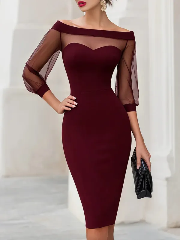 Off The Shoulder Sweetheart Neck Sheer Mesh Long Sleeve Bodycon Midi Dress For Women