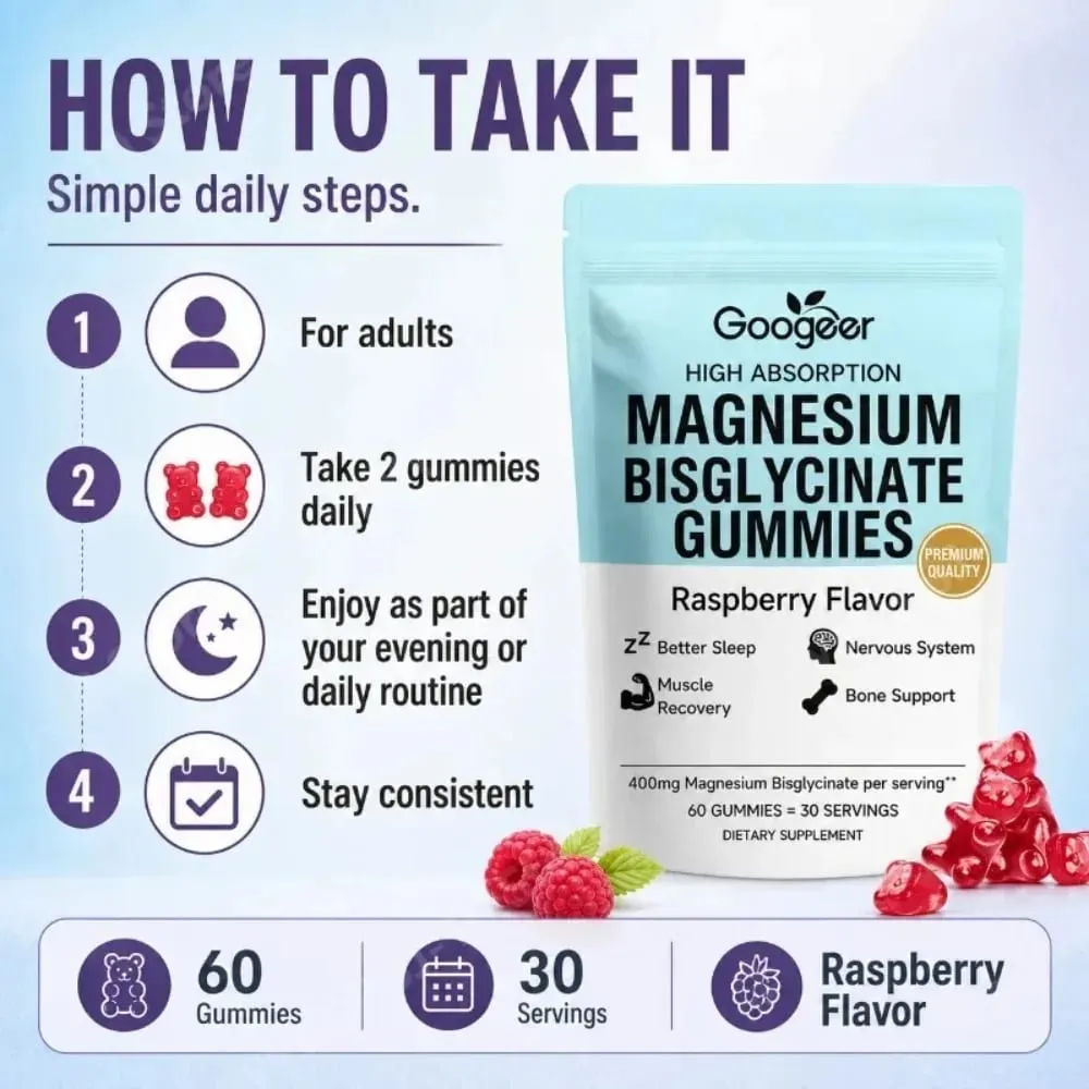 Magnesium Bisglycinate Gummies 400mg High Absorption for Sleep Muscle Recovery & Bone Support with D3 & Zinc Raspberry 60 Ct