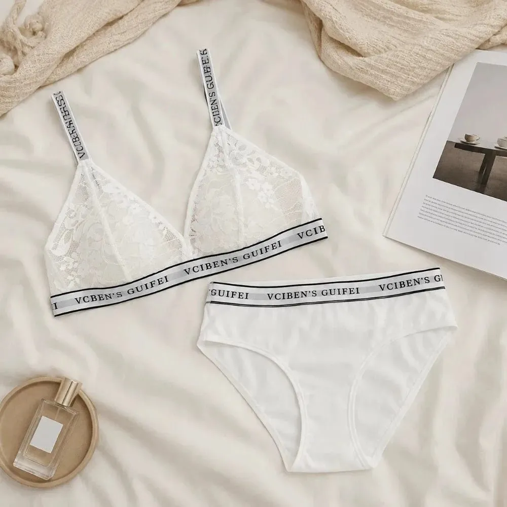 Bra Suit Letter Design Lingerie Set Lace Wireless Women Underwear Suit Deep V Color Blocking Bra Panties Set Women