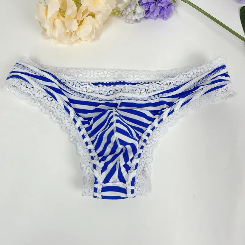 Men Lace Trim Striped G-string Underwear Half-covered Butt Low-rise Pantie Breathable Sexy U Bulge Pouch Comfortable Tong
