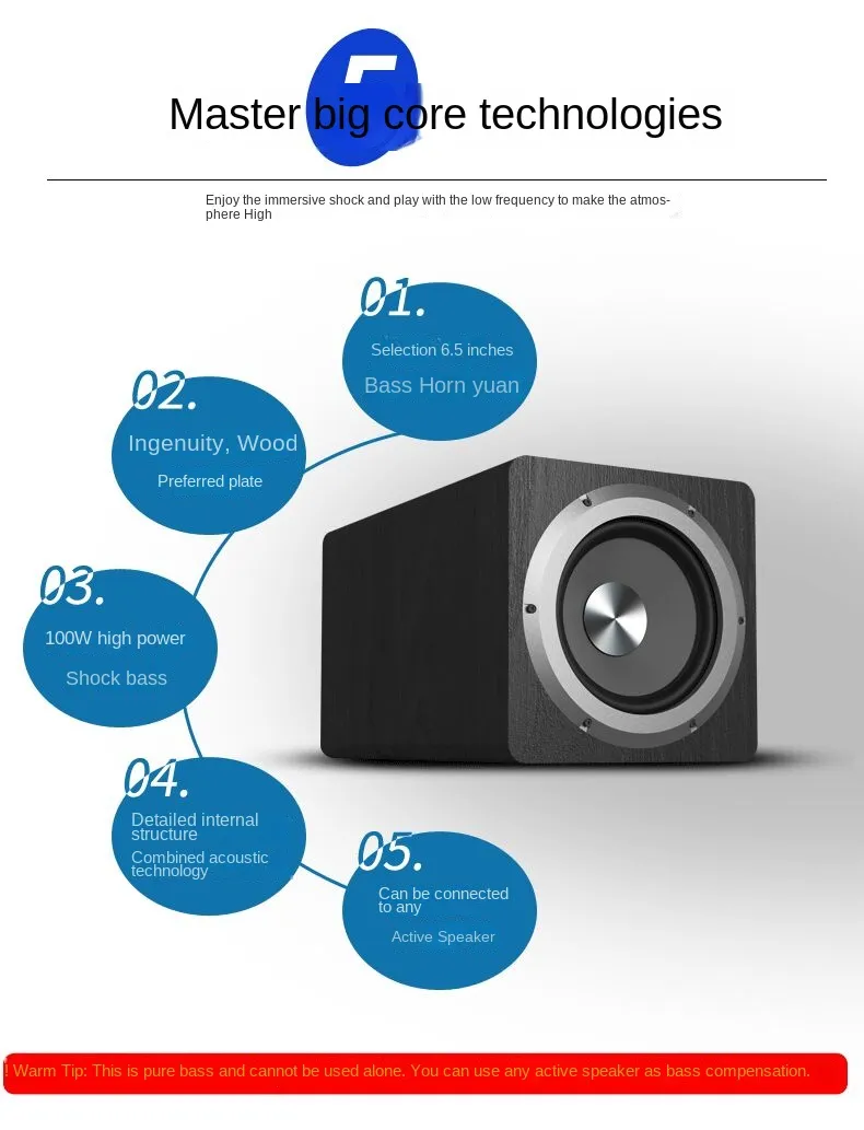 6.5 นิ้ว Active ลำโพงซับวูฟเฟอร์กำลังสูง 100W Super BASS ระบบโฮมเธียเตอร์สำหรับ Active ลำโพง PC คอมพิวเตอร์กล่องทีวี