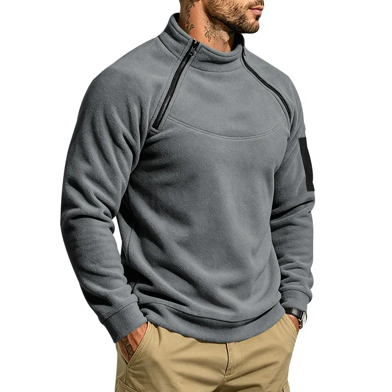 Men Fleece Stand Collar Sweatshirt Diagonal Zipper Arm Pocket Long Sleeve Loose Casual Pullover Autumn Winter Outdoor Tops