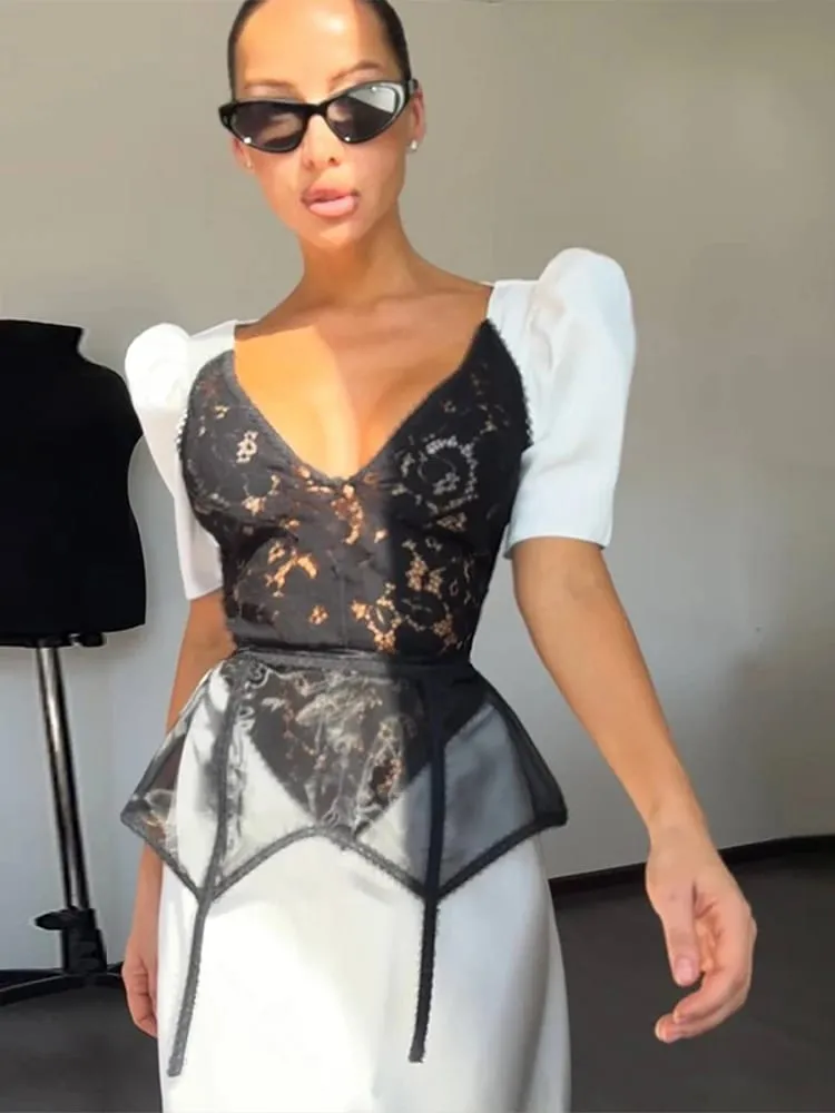 Lace Spliced Satin Midi Dress Waist Cinched Peplum V-Neck Puff Sleeve 2026 Summer Elegant Women Gown Causal Fashion Lady Vestido