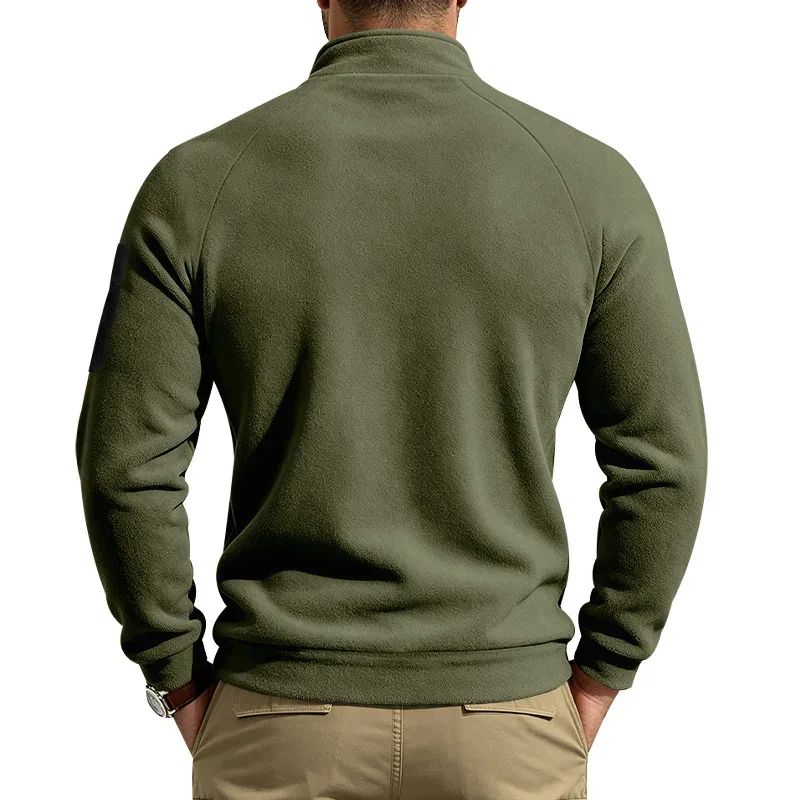 Men Fleece Stand Collar Sweatshirt Diagonal Zipper Arm Pocket Long Sleeve Loose Casual Pullover Autumn Winter Outdoor Tops