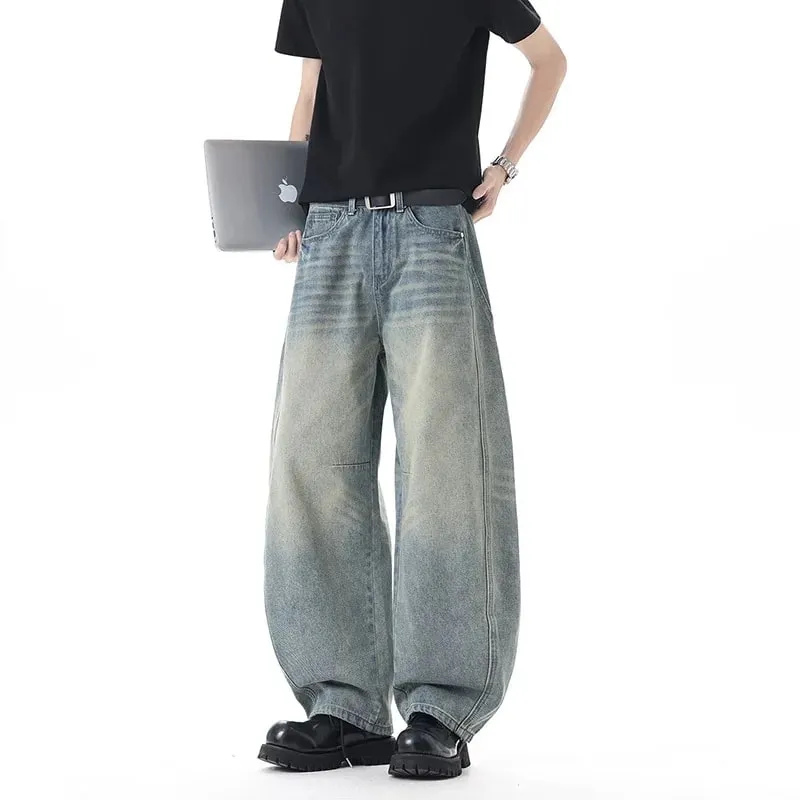 Men 2026 New American Curved Cut Jeans Fall Winter High Street Washed Whiskering Wide Leg Vintage Loose Denim Trousers
