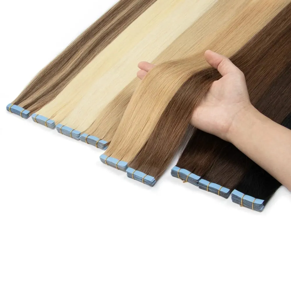 Real Human Hair Tape in Extensions 12''-20'' Natural Straight Black Seamless Tape Hair On Double Sided Tape 20pcs 50g/pack