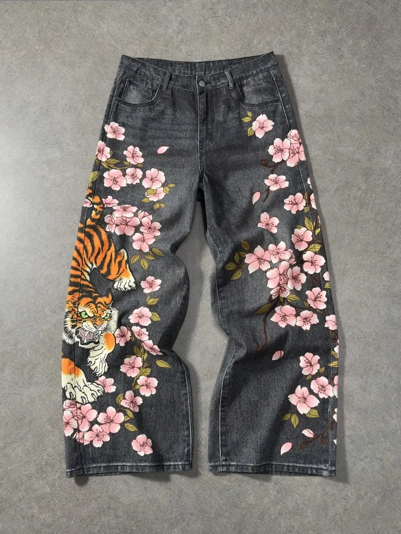 Y2K retro casual fashion high street pattern men's jeans floral tiger pattern loose high waist wide leg casual women's jeans