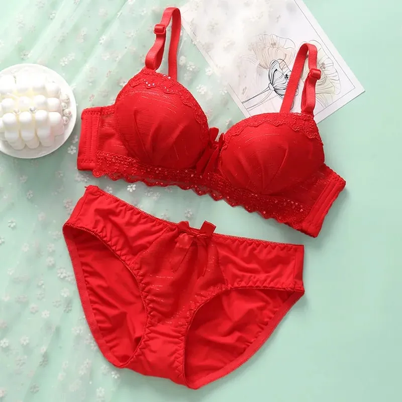 Summer New Sexy Women Bra Set Cute Fashion Wireless Gather Underwear Comfortable Panties Soft Push Up Top Lace Lingerie Set