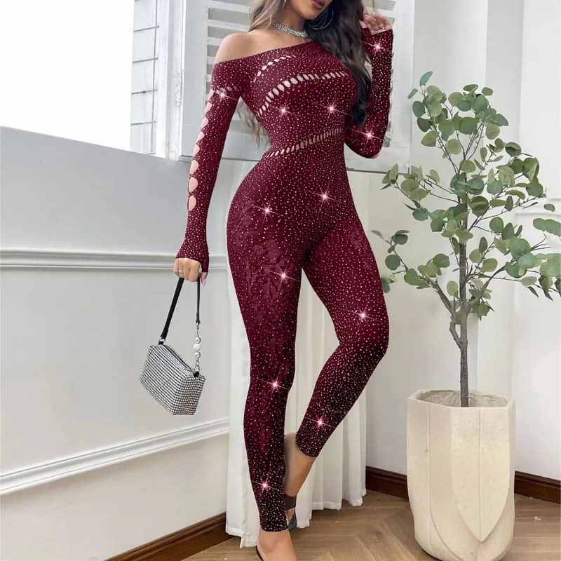 Mulheres sexy malha strass macacão manga longa ver através de alta estiramento corpo meias macacão clube plus size estoque lingerie