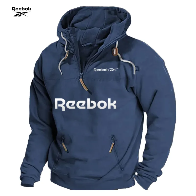 Reebok Men's Spring/Autumn Hooded Sweatshirt, Retro Sports Style, Loose Casual Top, Solid Color with Multiple Zippers Design