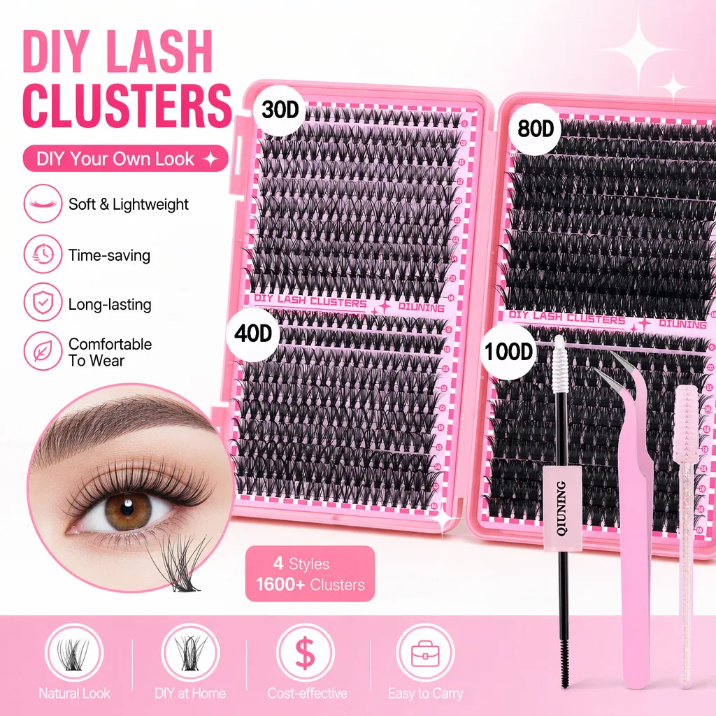 800PCS Lash Extension Kit DIY Clusters Eyelash Extension Kit Lashes Kit with Lash Bond and Seal Lash Tweezers