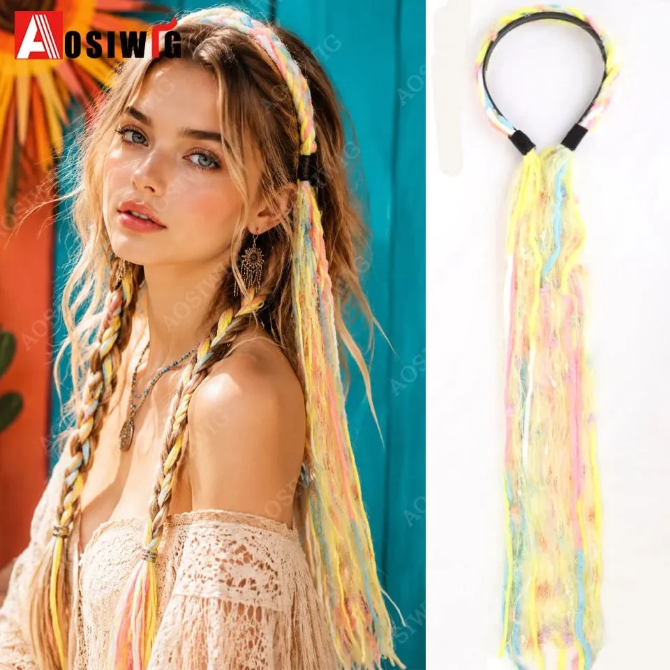 Synthetic Boho Braided Hair Extensions for Women Clip In Festival Hairpiece with Beads Feathers Hippie Hair Accessories