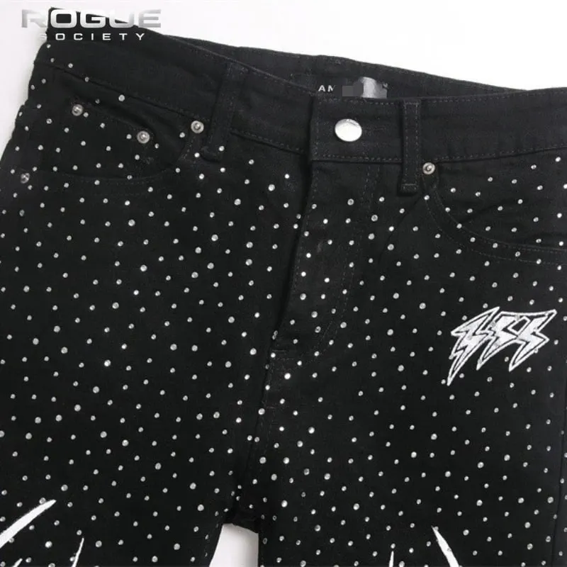 Punk Flame Rhinestone Jeans Men Harajuku Black High Street Elastic Streetwear Y2K Grunge HipHop Casual Denim Pants Unisex Edgy