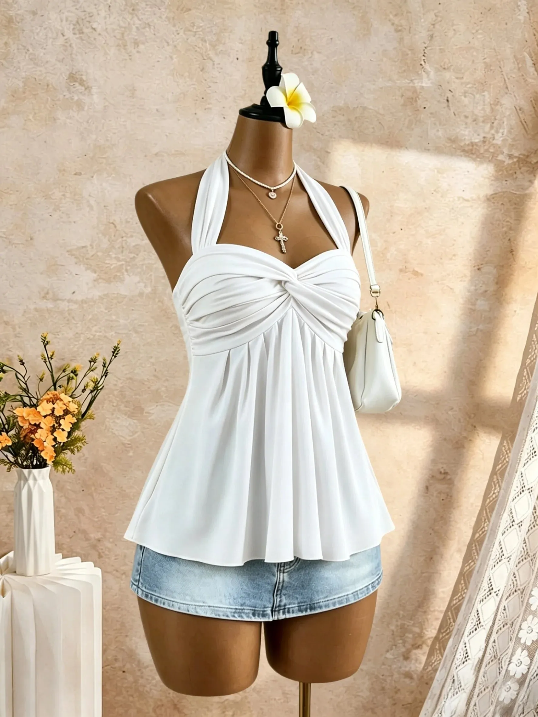 Women Halter Twist Front Sweetheart Neck Flared Peplum Camisole 2026 Summer Y2K Solid White Sleeveless Flowy Beach Vacation Tank
