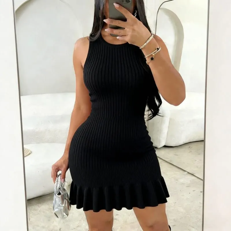 Women's Green Sleeveless Halter Neck Sundress Stretchy Ribbed Knit Ruffle Bodycon Mini Dress Casual Party Clubwear Short Dress
