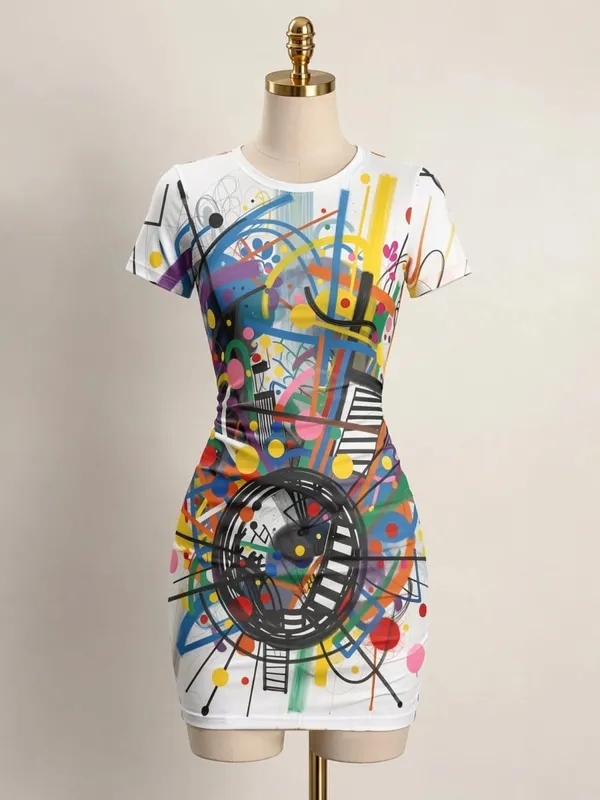 Womens Short Sleeve Bodycon Mini Dress Slim Fit Crew Neck Floral Print Casual Summer Party Flattering Lightweight Party Sundress