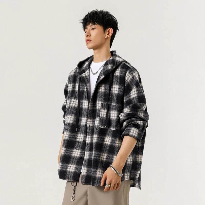 Y2K-Chaqueta holgadas de cuadros con capucha para hombre, cárdigan de talla grande a la moda, ropa de abrigo Vintage coreana, sudaderas con capucha de una botonadura