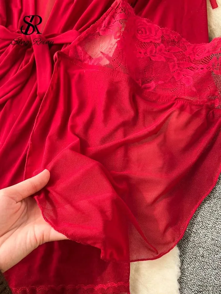 Women Satin Sexy Pajamas Suits 2024 Mesh Long Outwear+Halter Backless Bra+Open Croth Thongs Sheer Lace Nightwear Suits