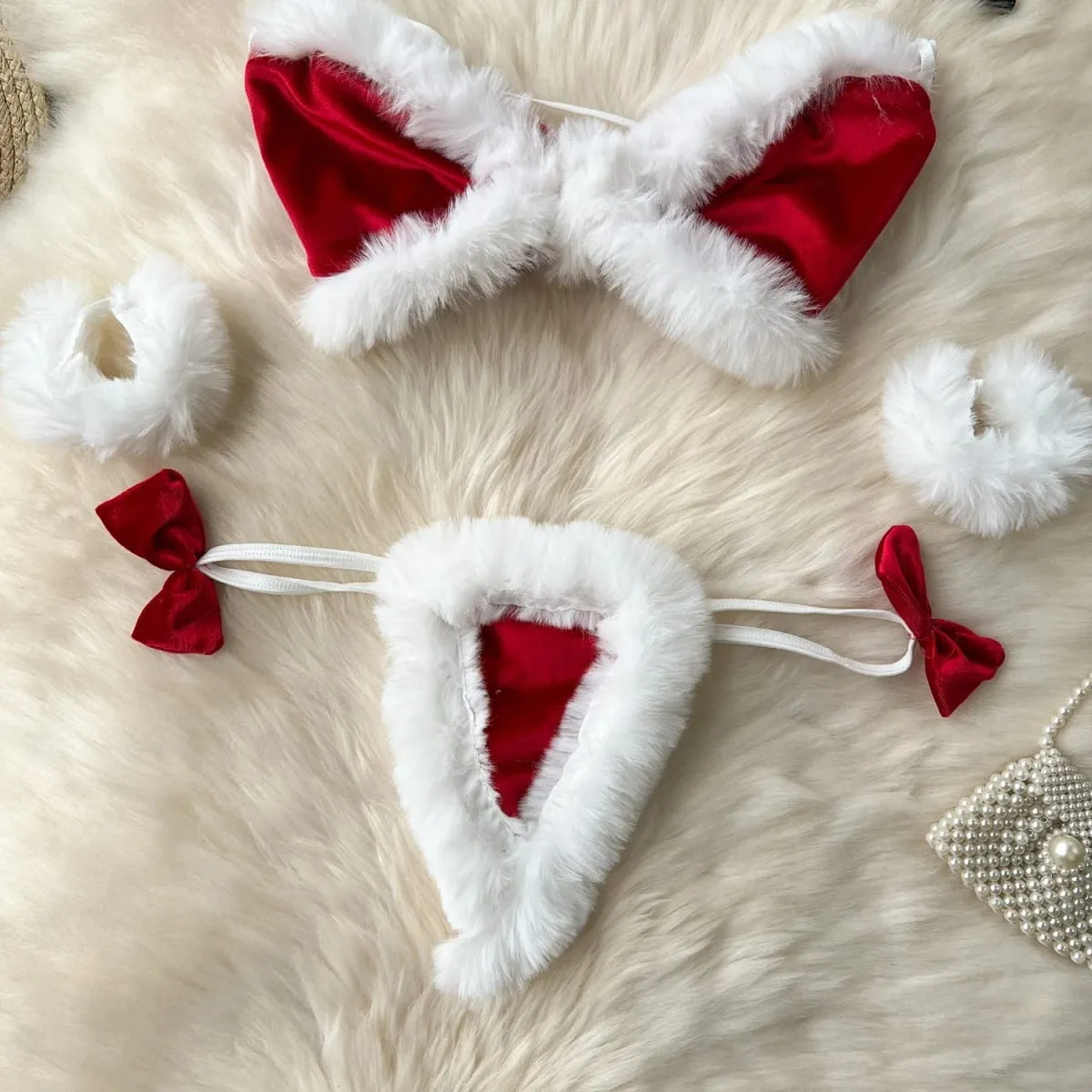 Women Sexy Christmas Velour Bra Brief Suits Fashion Intimate Lingerie 5 Piece Erotic Bras Thongs Outfits Underwear Sets