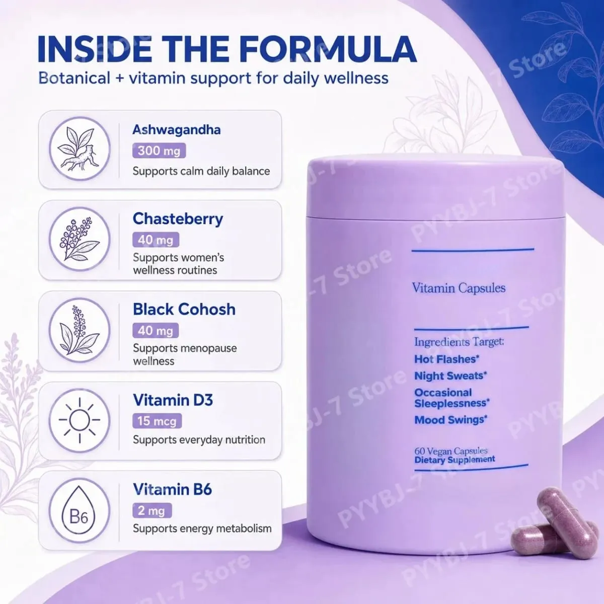 Women Complex Vitamins with Vitamin D3 B6 Menopause Use Helps Relieve Night Sweats Mood Swings Health Food Supplement 60 Pieces — image 4