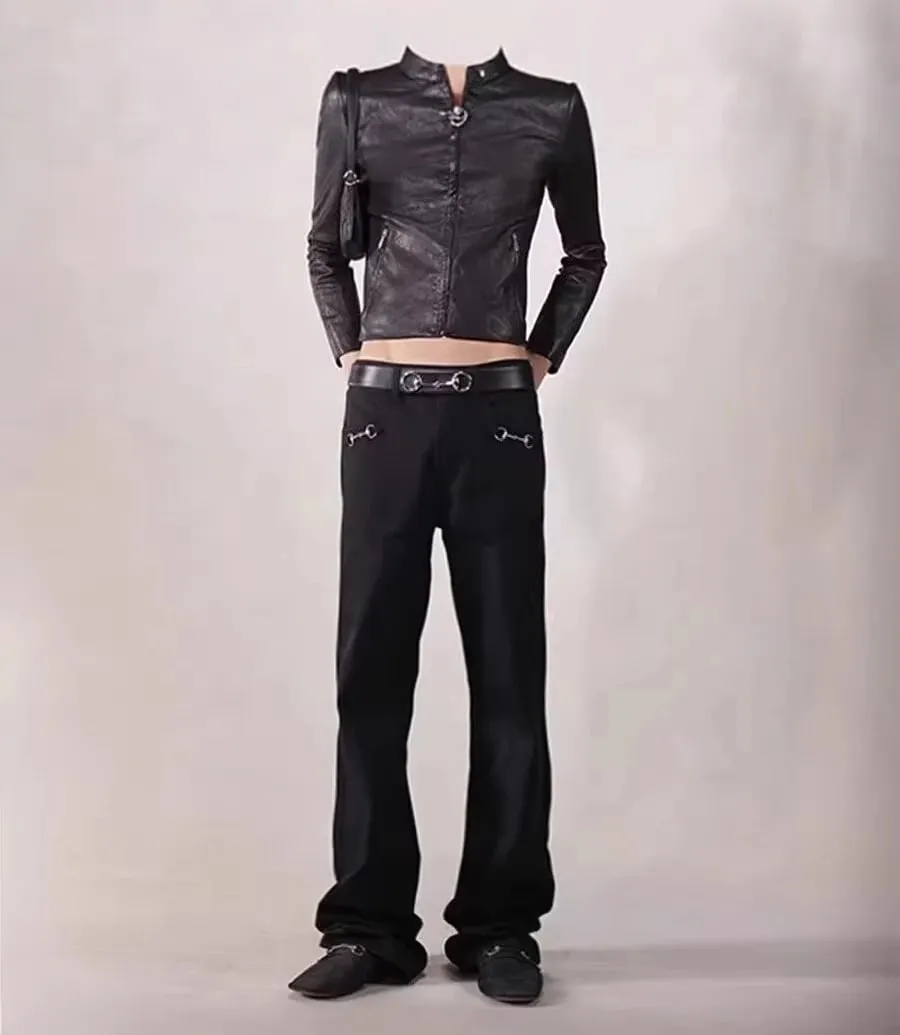 American Retro Buckle Design Spring Autumn Washed Black Micro-Flare Jeans Men High-Waisted Hip-Hop Loose Wide Leg Jeans Unisex