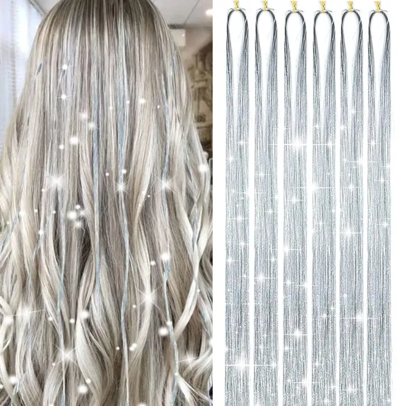 Synthetic 6PCS Sparkle Shiny Tinsel Hair Extensions Colored Long Straight Tinsel Kit 1200 strands Hairpiece for Girls Party Use