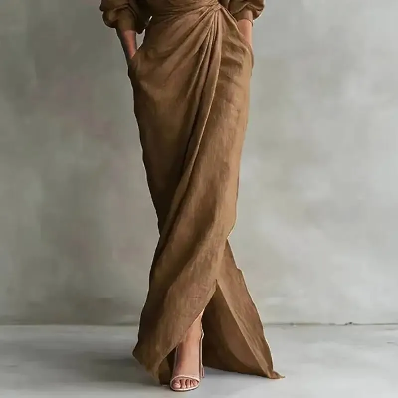Women's Sexy V Neck Wrap Waist Dresses 2026 Spring Casual Solid Slim Bodycon Hips Elegant Long Sleeve Slit Maxi Dress