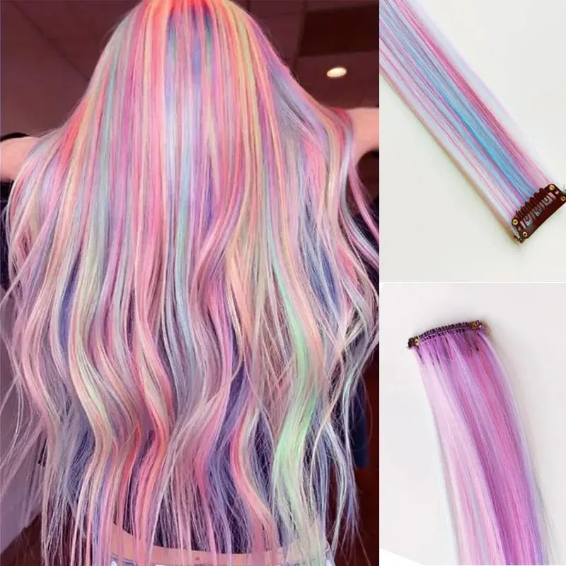 Klip dalam Sambungan Rambut One Piece 6pcs/pek Warna Unicorn Pelangi Merah Jambu Biru Ungu Klip Warna Campuran dalam Aksesori Rambut Sintetik — image 2