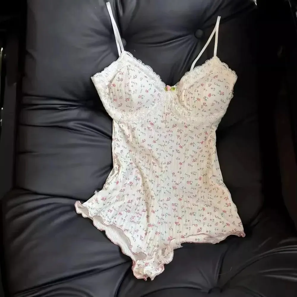 Fashion Lace Trim Women's Dress Slim Fit Sleeveless Camisole Dress Comfortable Floral Print One-piece Jumpsuit Summer — image 3