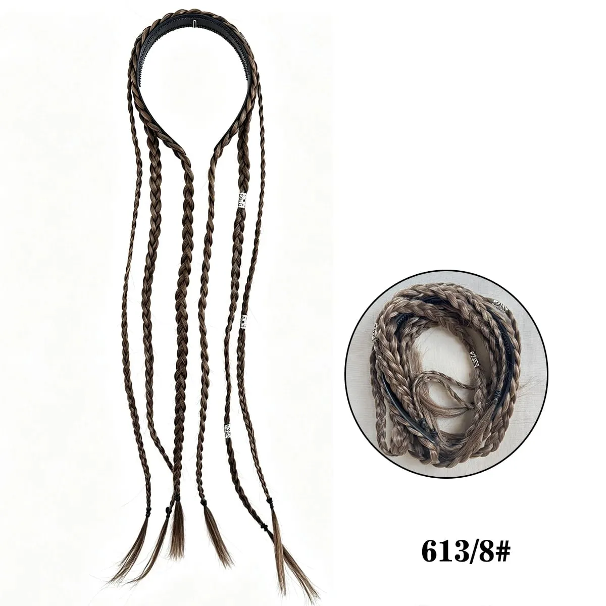 Synthetic Braided Headband Wig Braids Hairband With Decorative Silver Rings Long Box Braid Headband Hairpieces For Women Daily