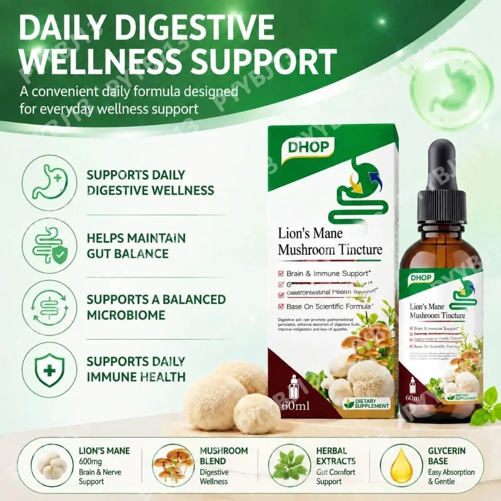 Lion's Mane Mushroom Extract Drops 60ml Hericium Erinaceus Supports Brain Immune Health Vegan Liquid Supplement for Adults