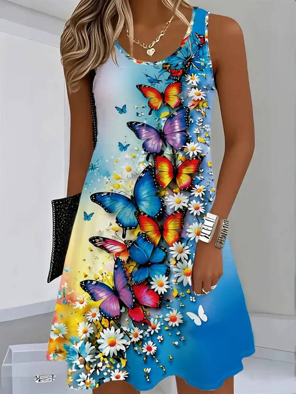2026 Summer Women's Sleeveless Dresses Knee-Length Round-Neck Dresses Beach and Vacation Casual Dresses Printed Women's Dresses