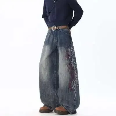 Men's Loose Straight Leg Jeans Pattern Embroidered Baggy Jeans Y2K Gothic Harajuku Hip Hop Straight High Waist Wide Leg Pants
