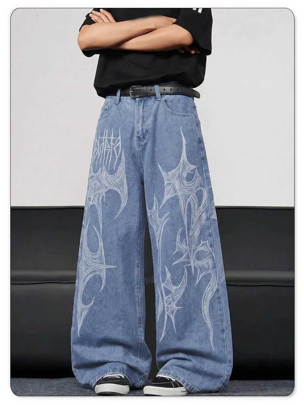 Men's Casual Spiral Graffiti Print Hip Hop Oversized Baggy Wide Leg Jeans Trendy Casual Slop Lazy Street Daily Denim Pants