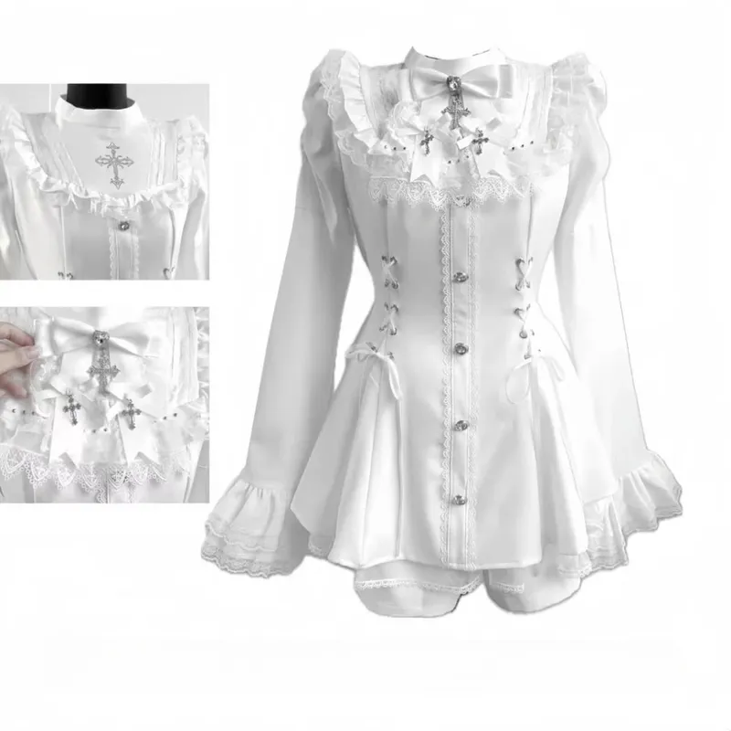 Sweet Lolita Style Lace Pearl Cute Print Shirt Dresses Japanese Kawaii Bow Dress Set Gothic Y2k Tea Party Women Dress 2025 New