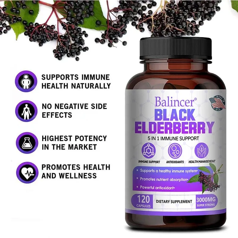 Black Elderberry Capsules with Milk Thistle Vitamin C Zinc Antioxidant Immune Support Skin Respiratory & Digestive Health