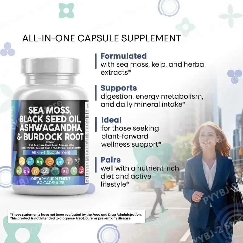 Sea Moss Kapsler indeholder sort frø gurkemeje og D-vitamin plantebaseret dagligt mineral alt i ét tilskud 60 antal pr. flaske