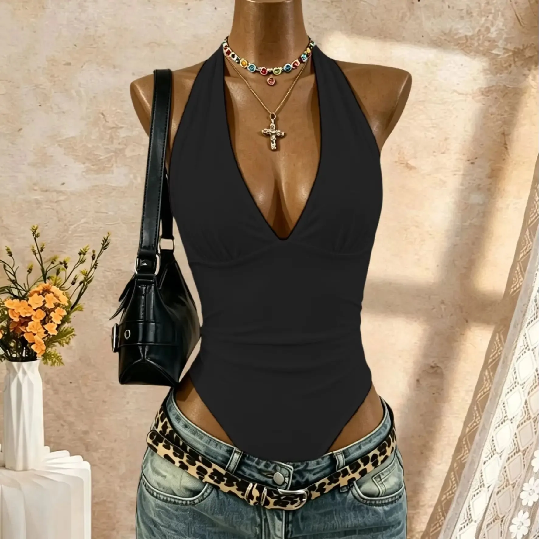 Women Halter Deep V Neck Ruched Slim Fit High Cut Bodysuit 2026 Summer Y2K Streetwear Sleeveless Tank Top