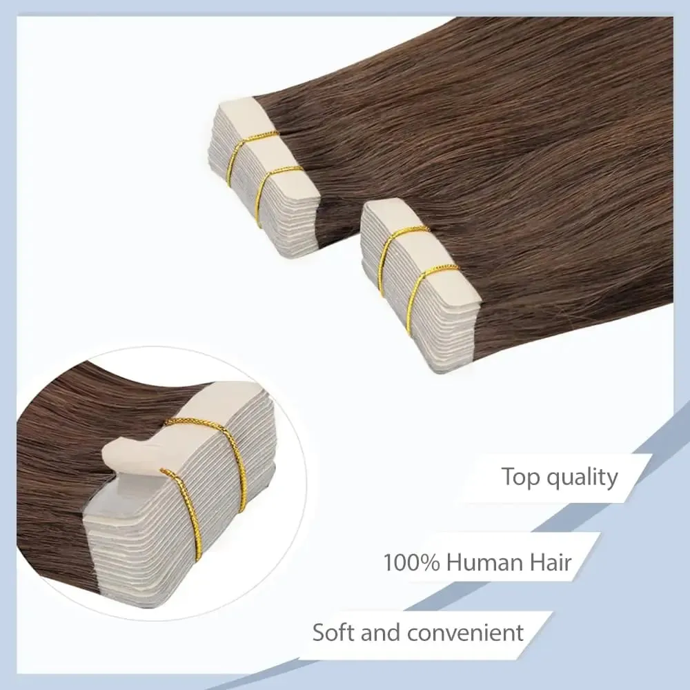 #4 Extensiones de cabello con cinta marrón Cabello humano 50 g Extensiones con cinta de cabello humano 20 piezas Cinta en marrón oscuro Marrón chocolate sin costuras