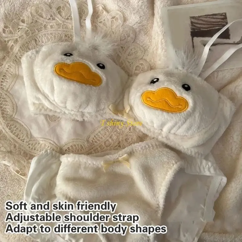 2Pcs Women's Anime Plush Bra and Panty Set Cute Cartoon Duck Pattern Furry Underwear Japanese Cosplay Intimates Lingerie