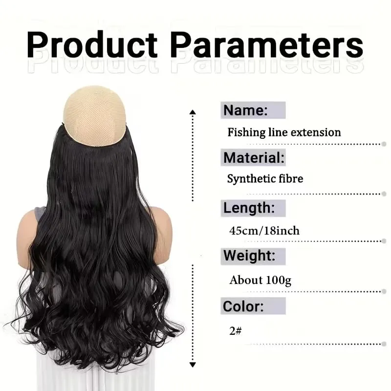 18Inch Synthetic Long Wavy Curly Hair Extension Invisible Fishing Line Soft Multi-Color Hairpiece for Women Daily Use
