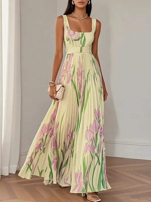 Vestidos Mujer Sexy Square Collar Pleated Dress Woman Spring Floral Print High Waist Long Dresses New Summer Sleeveless Sundress