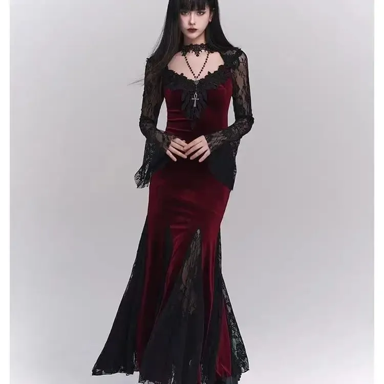 Vinter Gotisk Grunge Spetsklänning Koreansk Modedesign Festival Lång Balklänning Kvinnor Halloween Kostym Sexiga Slimma Festklänningar