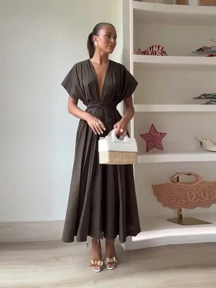 Sexy V-neck Pleated Lace Up Dress Women Fashion Short Sleeve High Waist Slim Fit Long Dresses Female Summer Chic Holiday Party