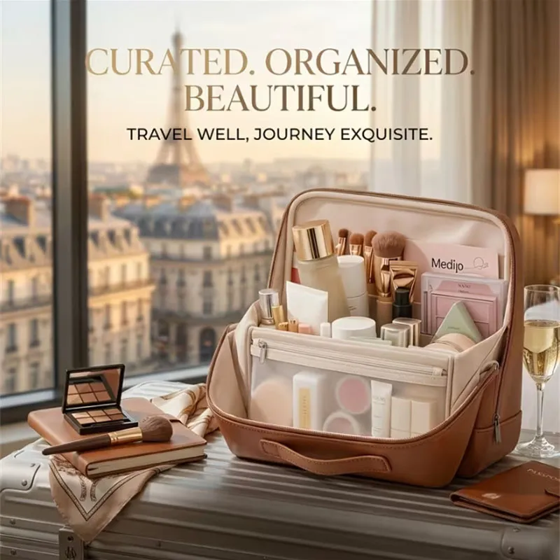 Standing Makeup Brushes Storage Bag PU Leather Multi Compartment Cosmetic Tools Bag Large Capacity Skincare Toiletry Organizer