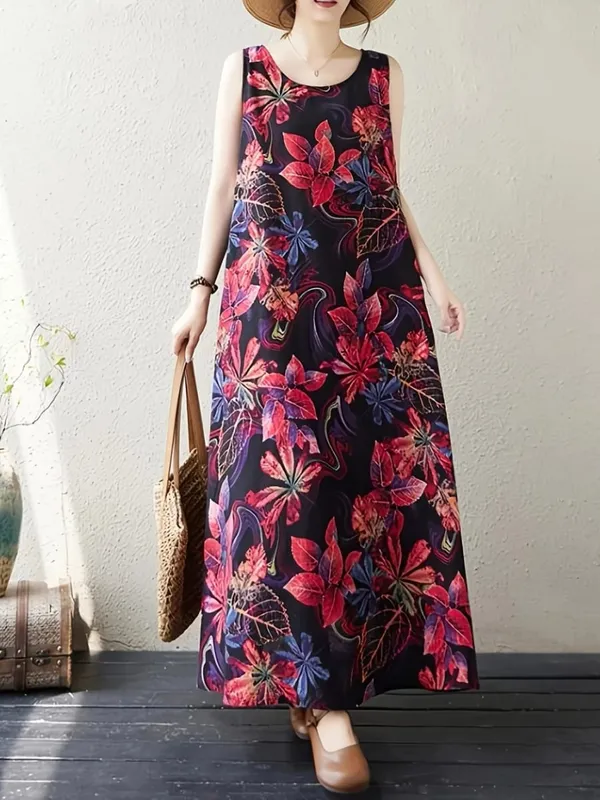 2026 New Women's Dress Fashion Floral Print New Sleeveless Design Dresses Summer Outdoor Beach Vacation Ankle Long Women's Dress