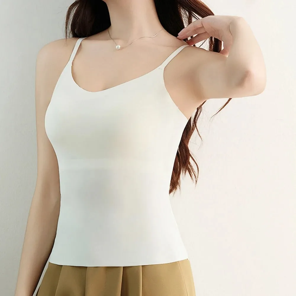 Fashion V-Neck Ice Silk Seamless One-piece Bottoming Tank Tops With Chest Pads Women Inner Top Beautiful Back Sling Long Vest